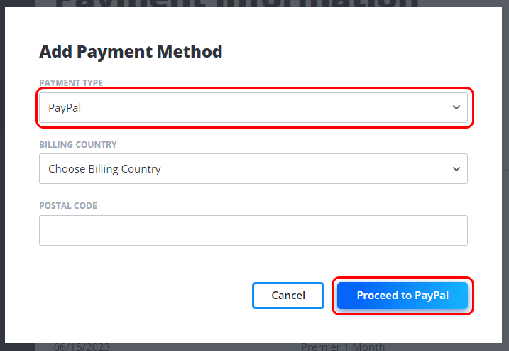 Agregue método de pago: Paypal y continúe con Paypal Highlighted.png