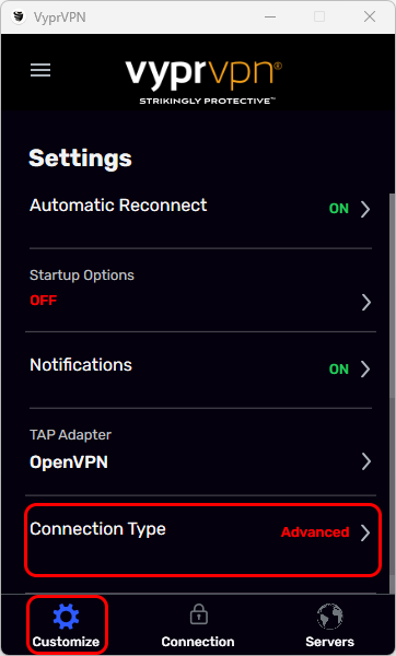 Customize Menu - Scrolled Down2 -  Customize and Connection Type Highlighted.png