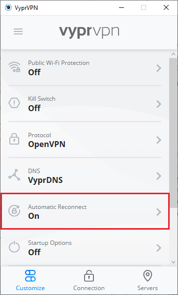 VyprVPN_app _-_ Customize_Menu _-_ Automatic_Reconnect_Selected.png