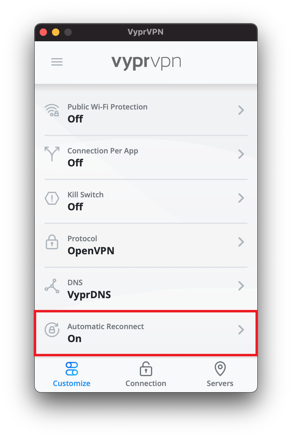 Vypr_App _-_ Customize_Menu _-_ Automatic_Reconnect_Selected.png