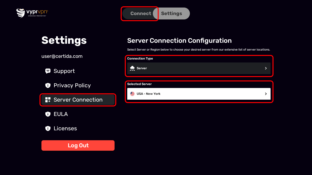 settings - server connection - connection type, server location, and connect highlighted.png