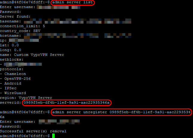 Putty - Admin Server Unregister - Admin Server list, Serverid, and unregister command highlighted.png