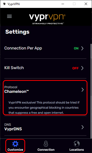 Customize Menu - Scrolled Down Partially - Chameleon Protocol - Customize and Protocol Highlighted.png