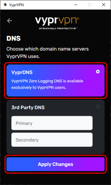 DNS - VyprDNS Selected - VyprDNS and Apply Changes Highlighted.png