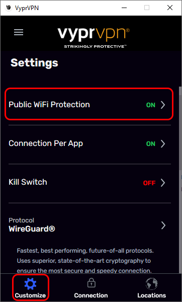 Customize Menu - Scrolled Up - Customize and Public Wi-Fi Protection Highlighted.png