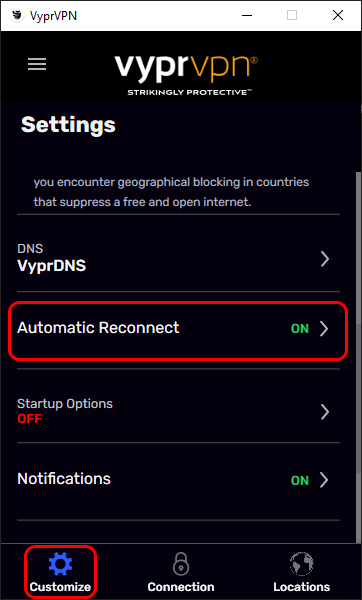 Customize Menu - Scrolled Down Halfway - Customize and Automatic Reconnect Highlighted.png