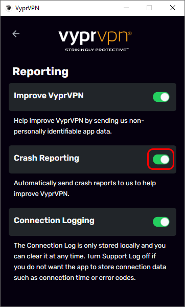 Reporting Menu - Crash Reporting Toggle Highlighted.png