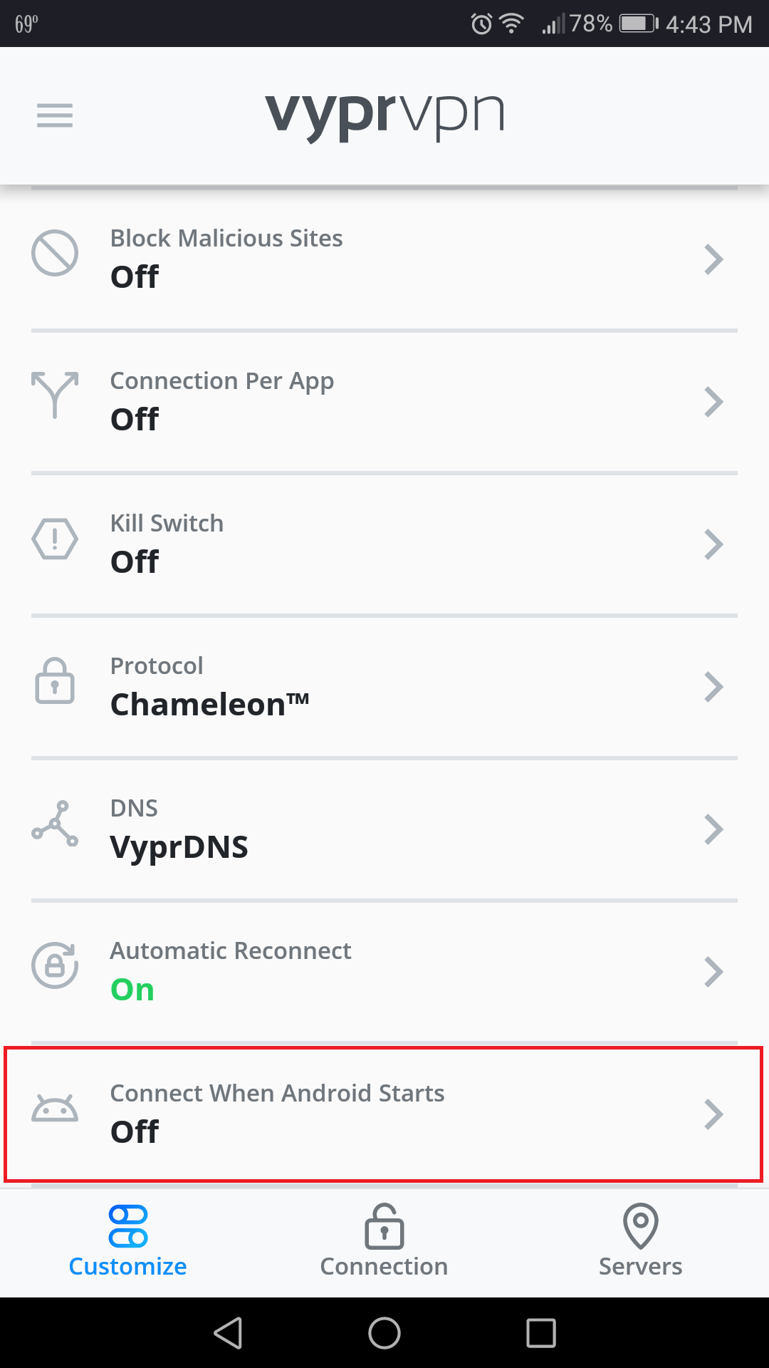 Vypr_App_-_Customize_Menu_Scrolled_Down_-_Connect_When_Android_Starts_Selected.png