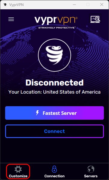 Main Screen - Not Connected - Customize Highlighted.png