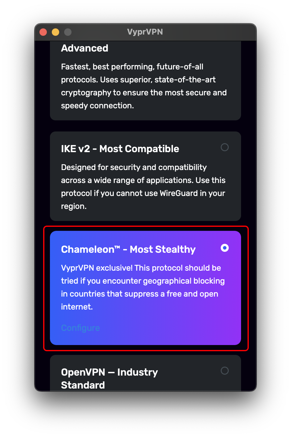 Protocol menu - Partially scrolled down - Chameleon Highlighted.png