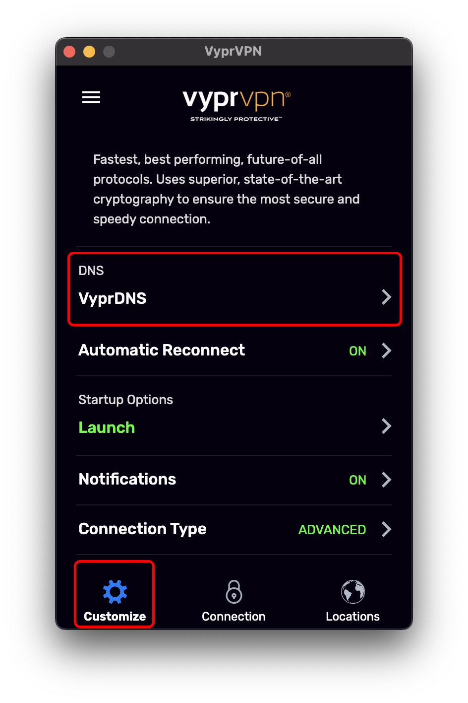 Customize Menu - Scrolled Down - Customize and DNS highlighted.png