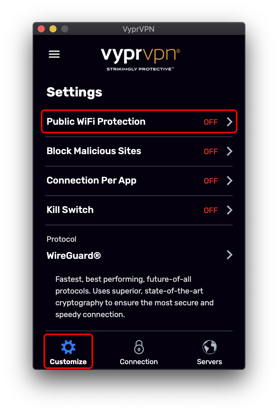 Customize Menu - Customize and Public WiFi Protection Highlighted.png
