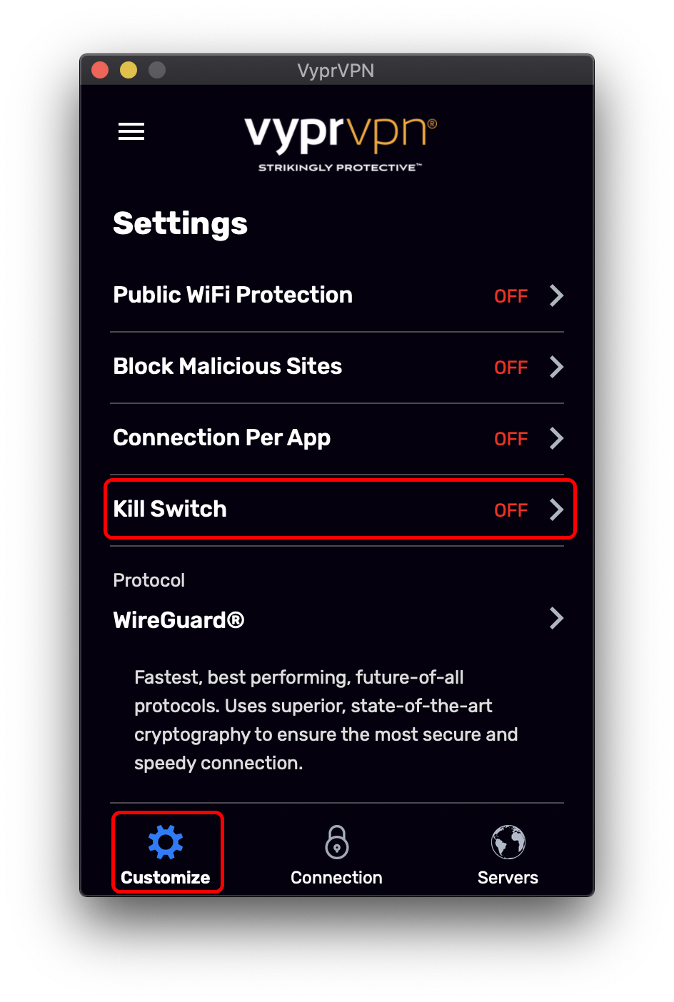 Customize Menu - Customize and Kill Switch Highlighted.png