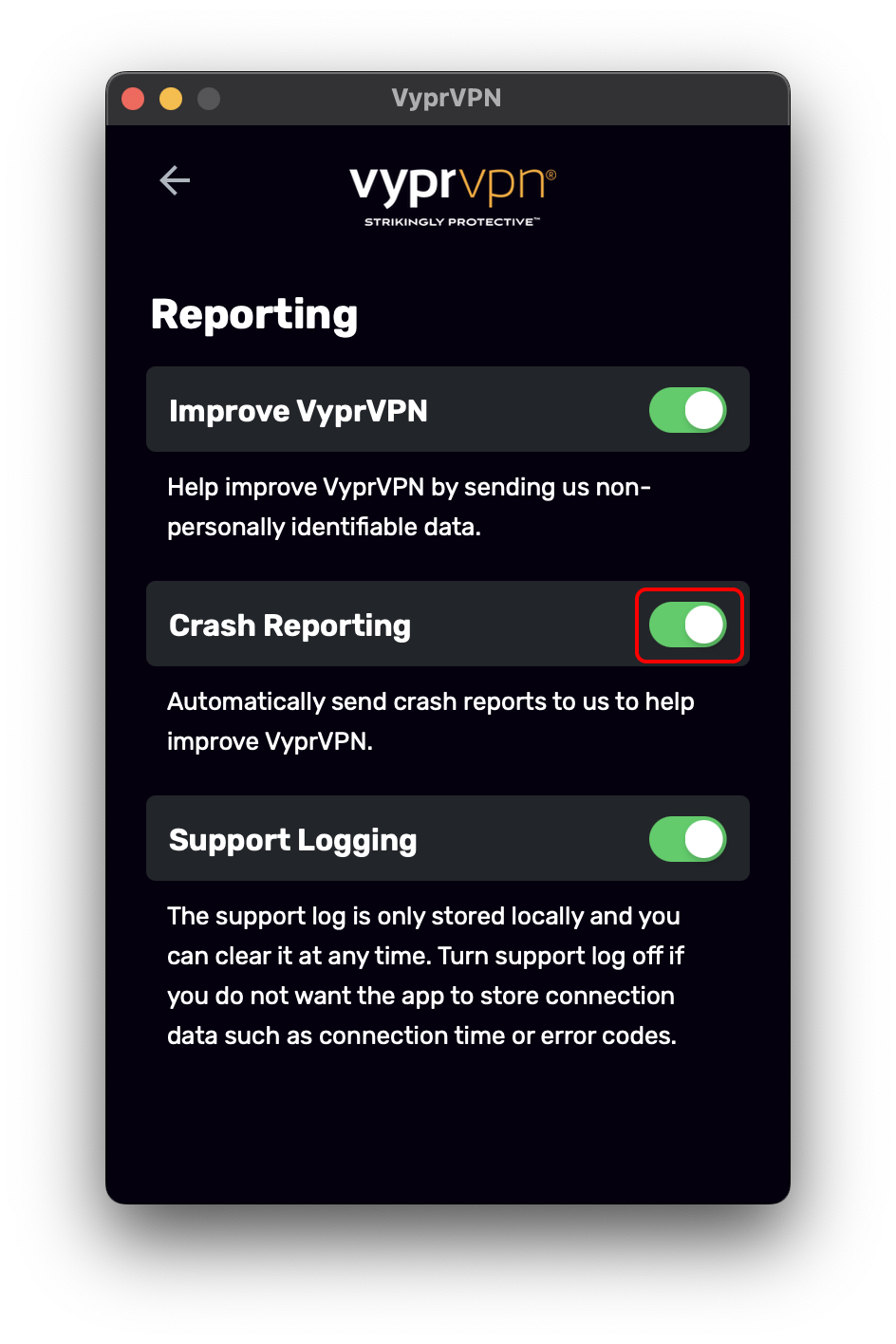 Reporting Menu - Crash Reporting Toggle Highlighted.png
