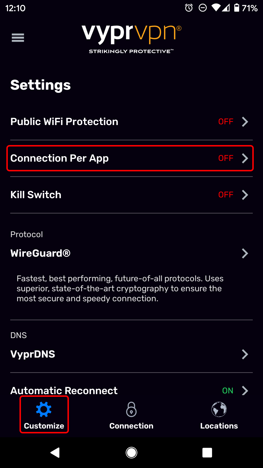 Customize Menu - Scrolled Up - Customize and Connection Per App Highlighted.png