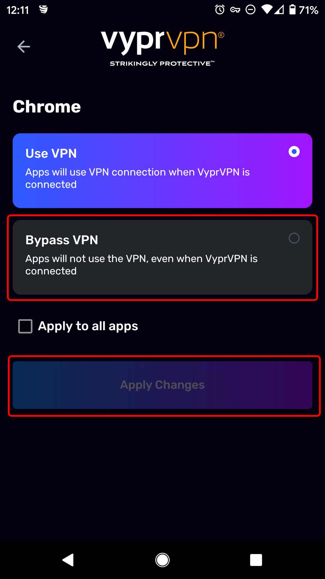 Connection Per App Application Setting - Bypass VPN and Apply Changes Highlighted.png