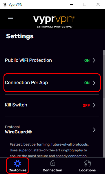 Customize Menu - Scrolled Up - Customize and Connection Per App Highlighted.png