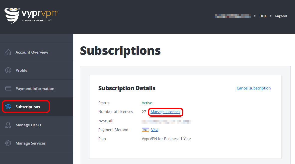 Subscriptions - Subscriptions and Manage Licenses Highlighted.png