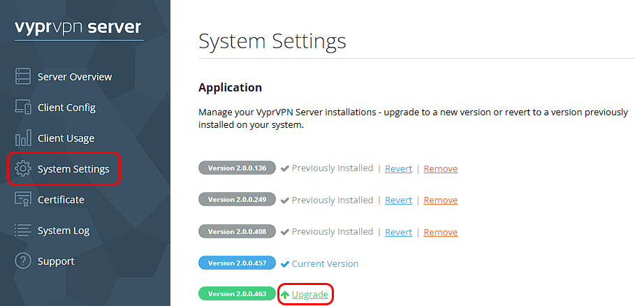 VyprVPN Cloud - System Settings - Server Versions and Upgrade - System Settings and Upgrade Highlighted.png