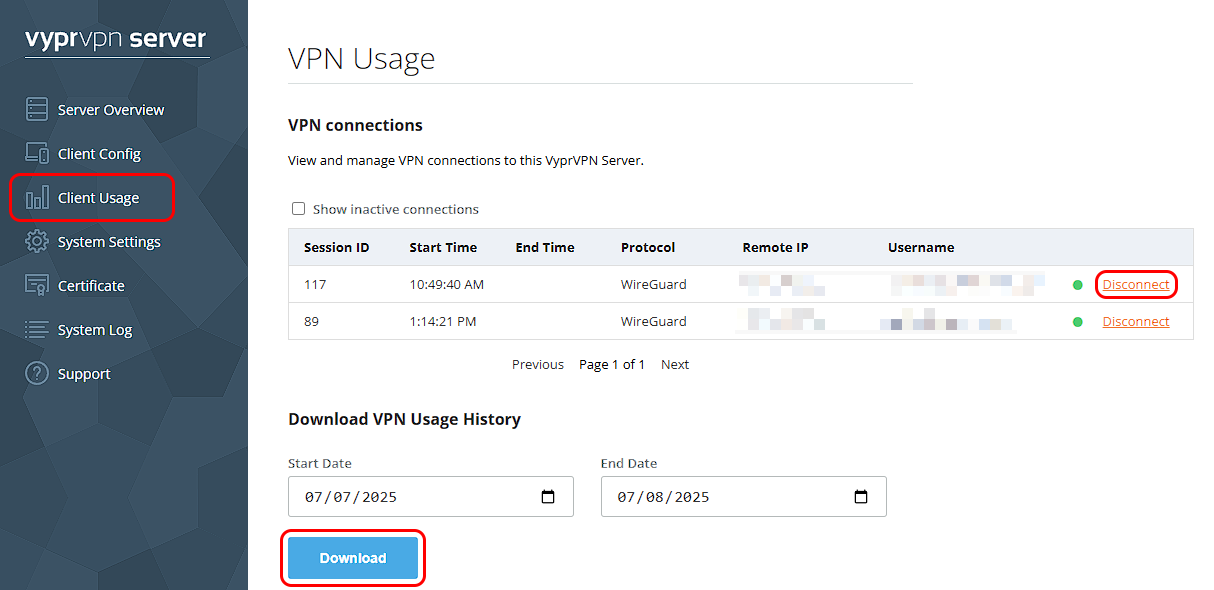 Client Usage - Client Usage, Disconnect, and Download Highlighted.png
