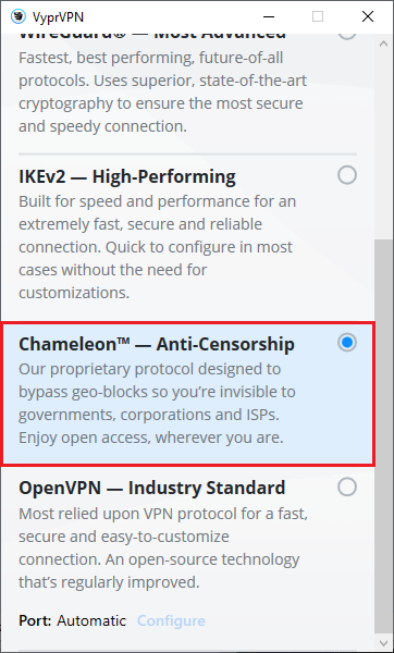 vyprvpn chameleon speed