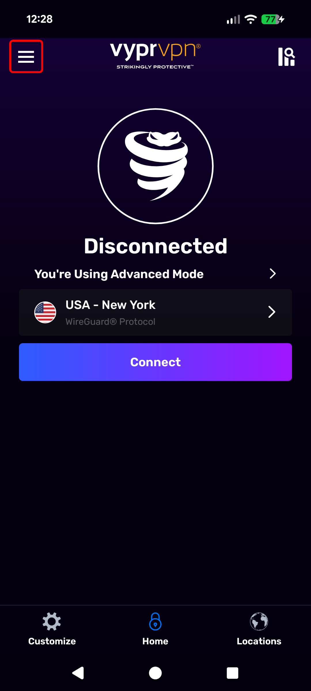 Android - Home Screen - Disconnected (Hamburger Menu Highlighted).png