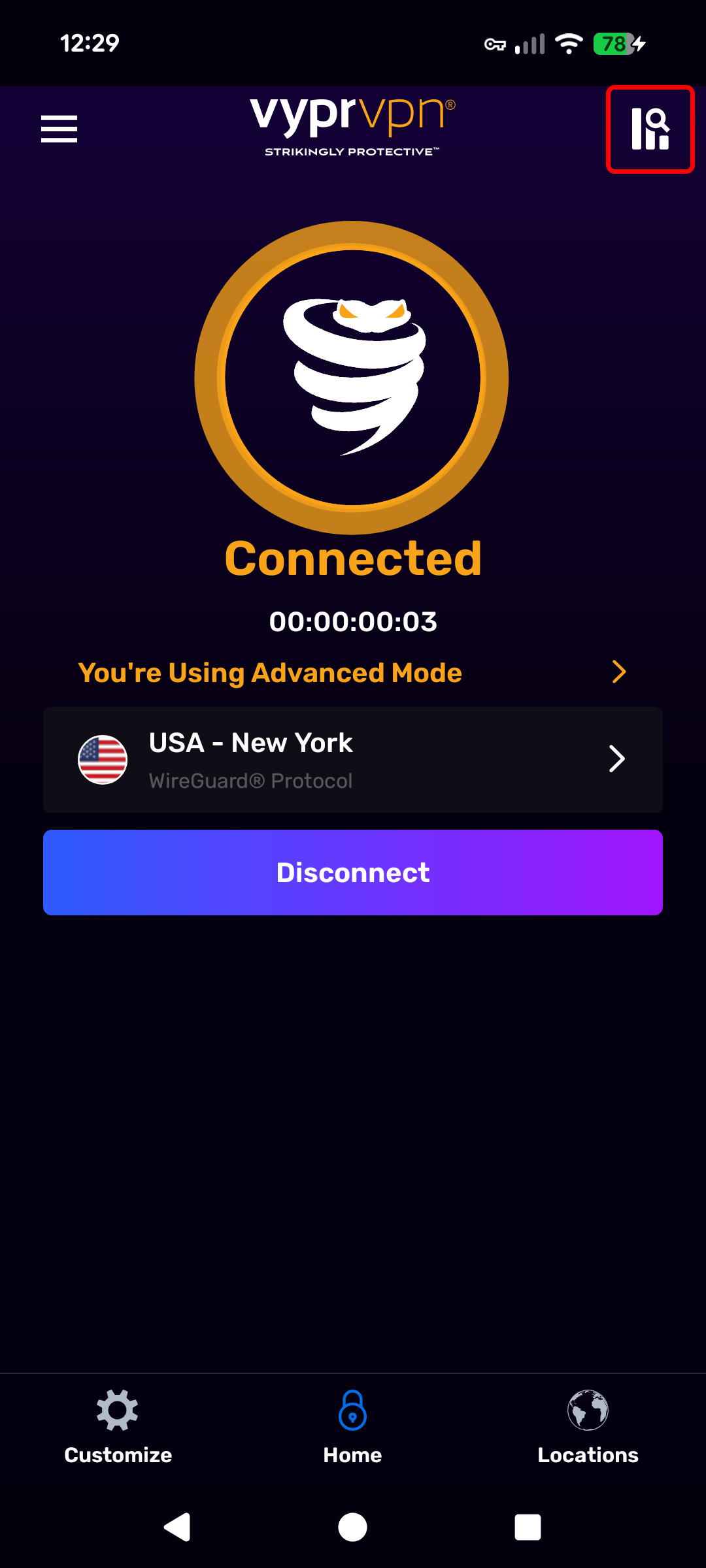 Android - Home Screen - Connected (Connection Details Highlighted).png