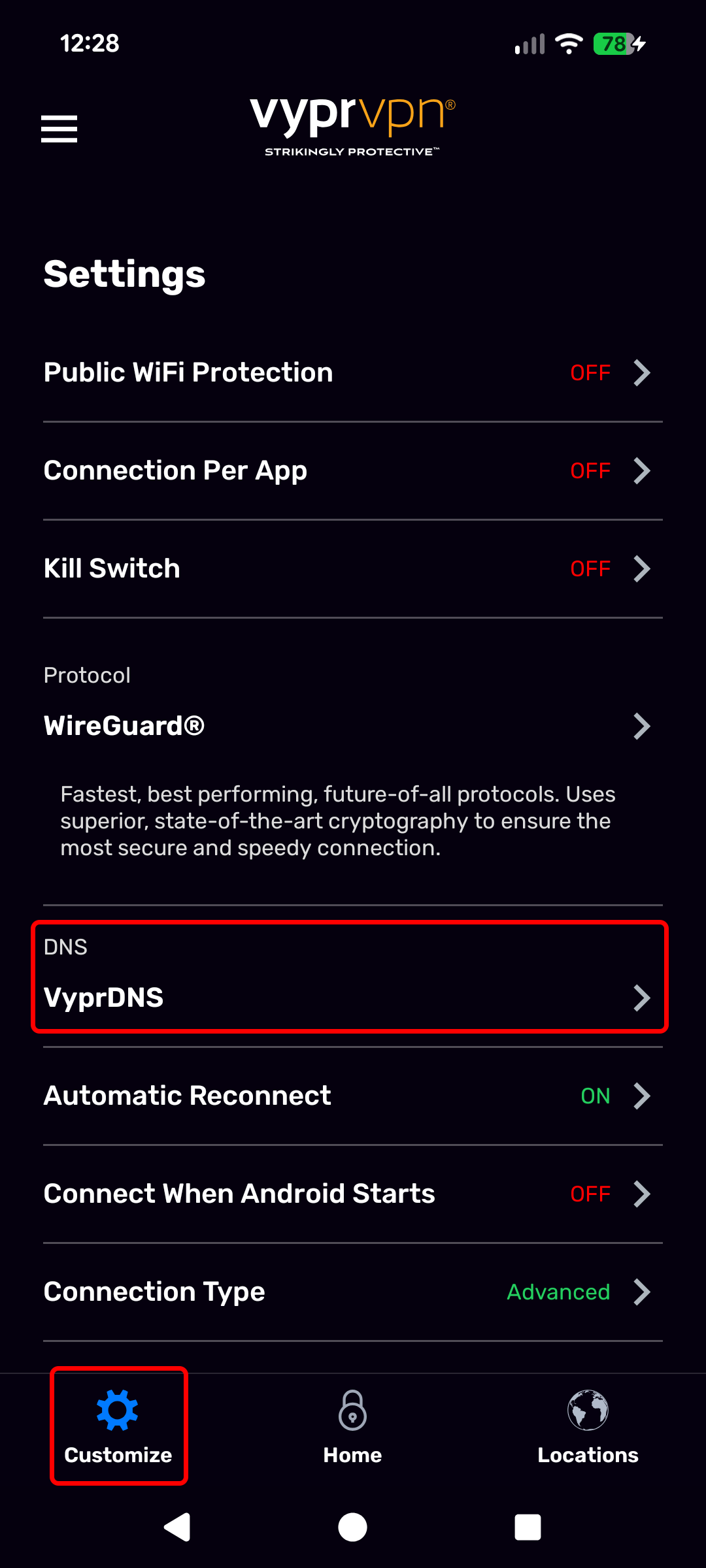 Android - Customize Screen (Customize and DNS Highlighted).png