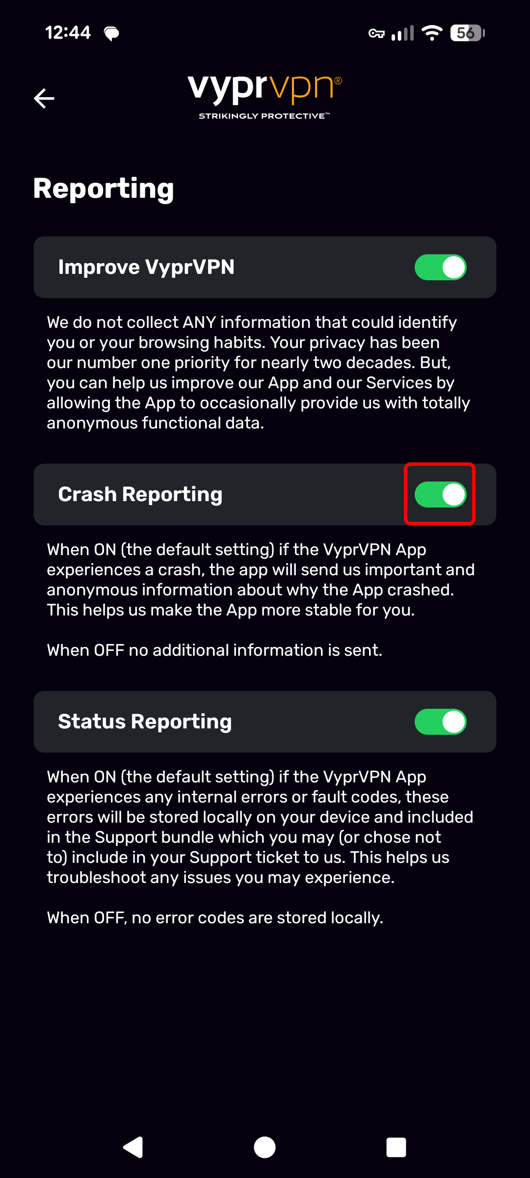 Android - Reporting (Crash Reporting Toggle Highlighted).png