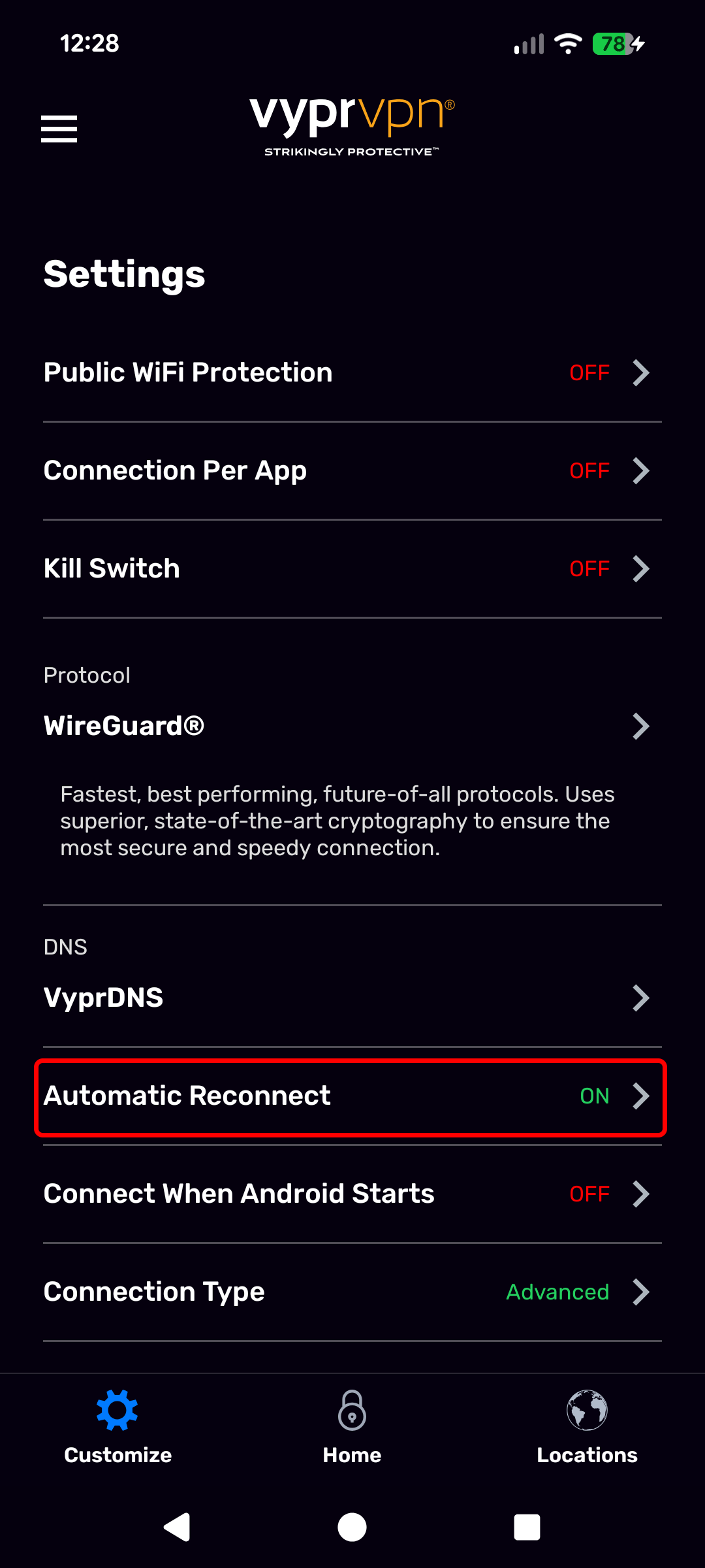 Android - Customize Screen (Automatic Reconnect Highlighted).png