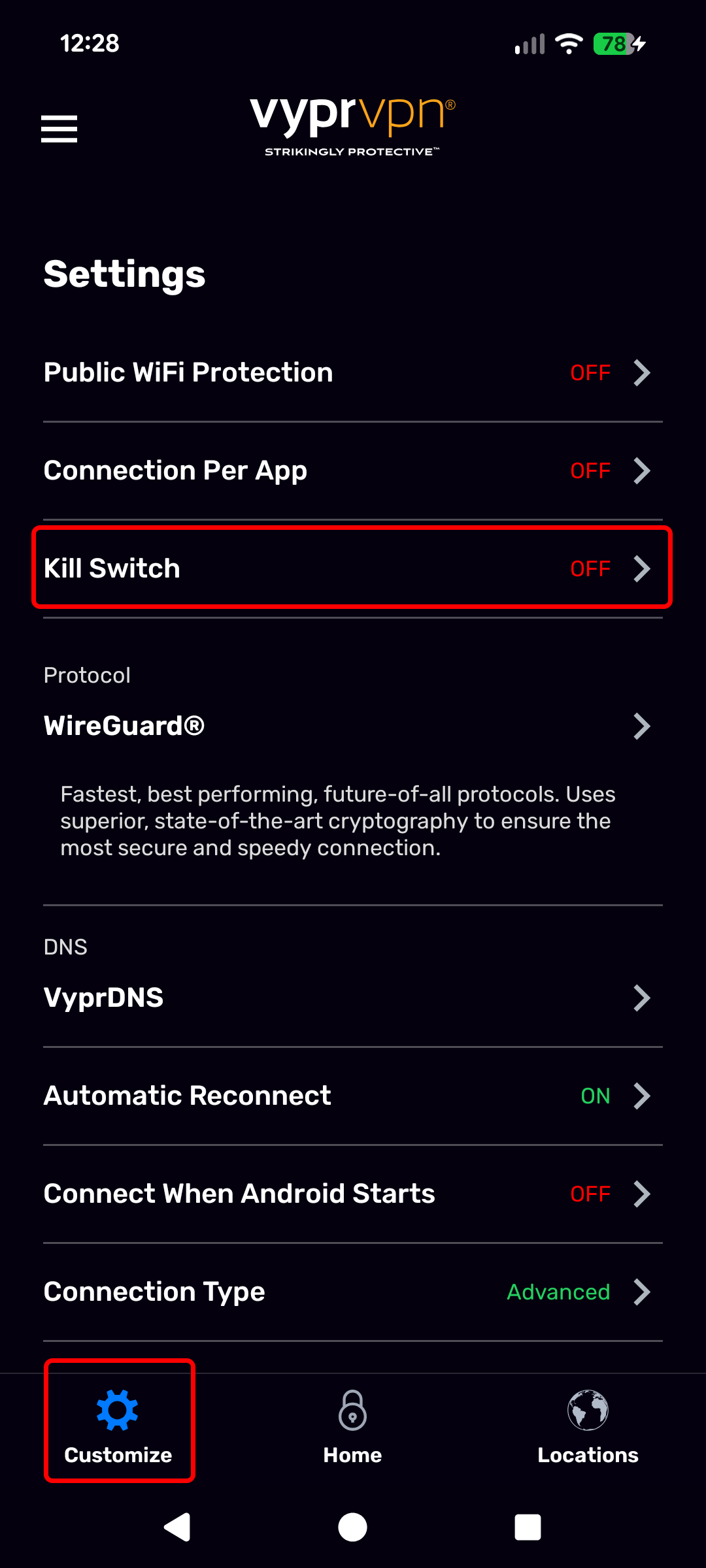 Android - Customize Screen (Customize and Kill Switch Highlighted).png