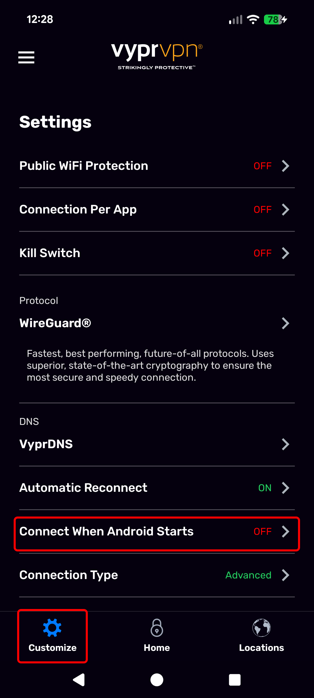 Android - Customize Screen (Customize and Connect when Android Starts Highlighted).png