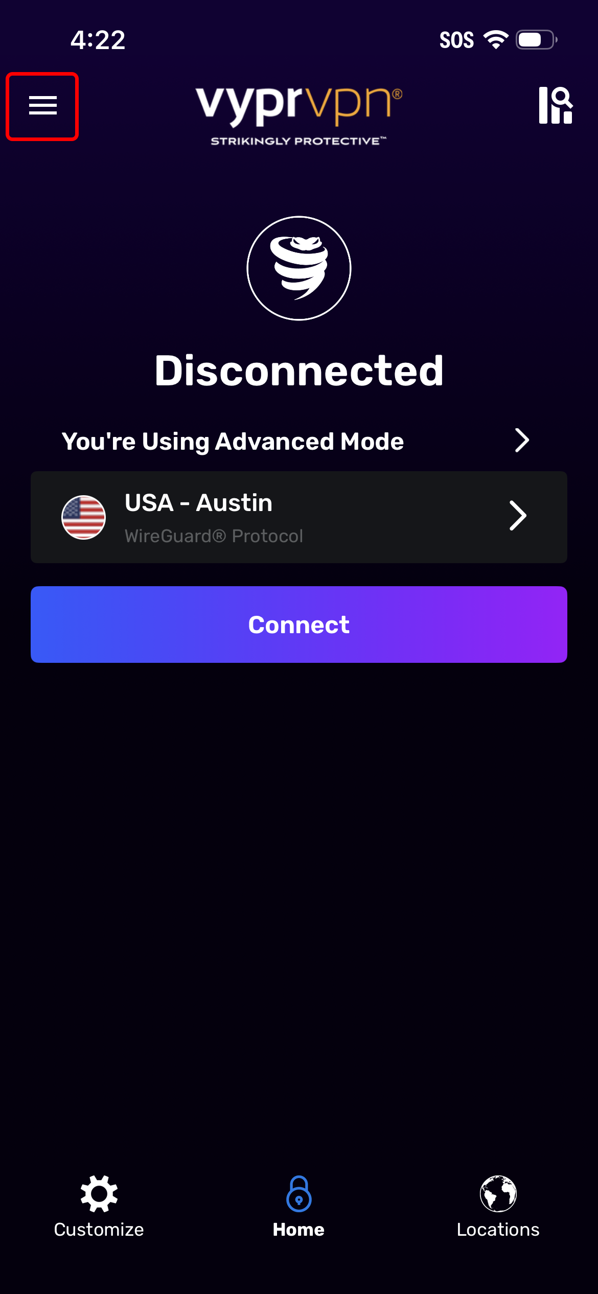 iOS - Home Screen - Disconnected (Hamburger Menu Highlighted).png