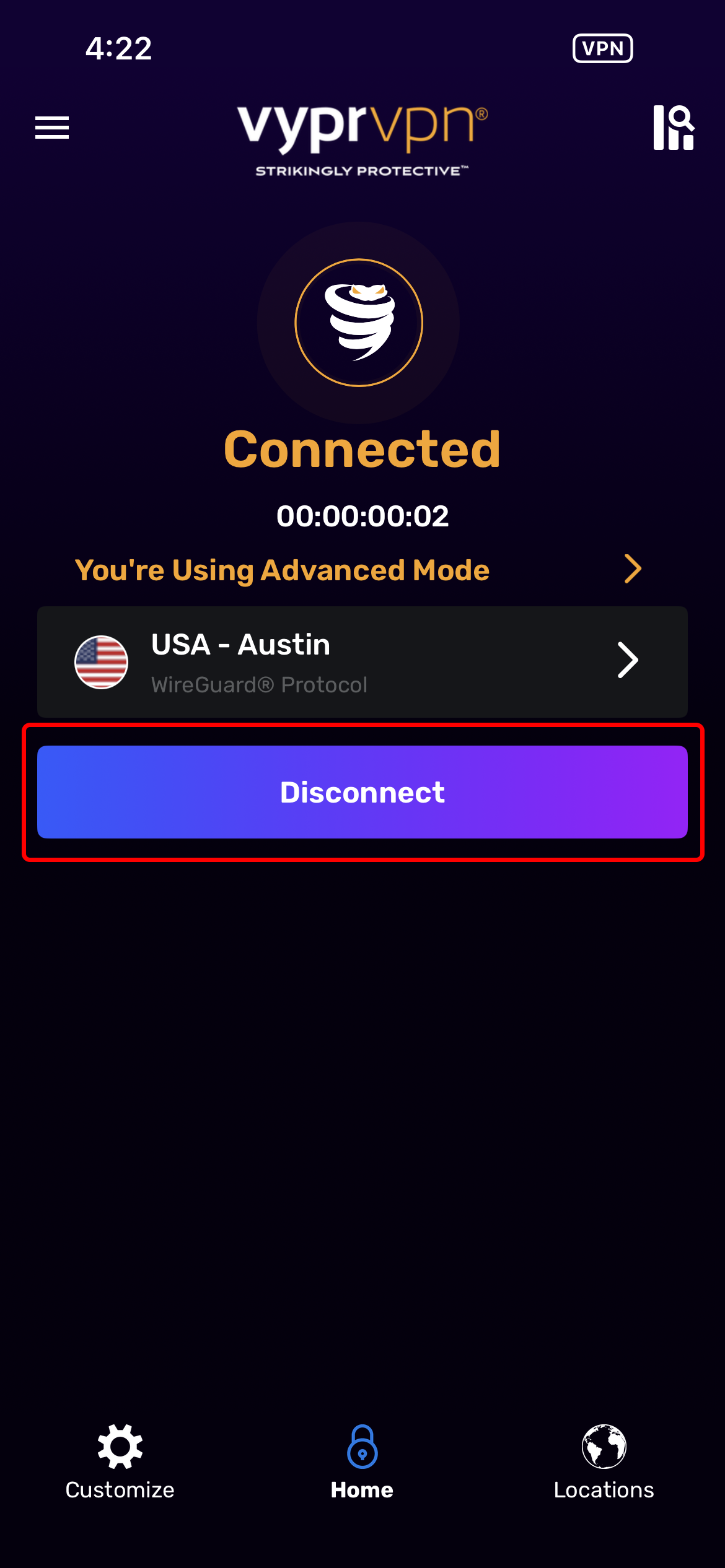 iOS - Home Screen - Connected (Disconnect Highlighted).png